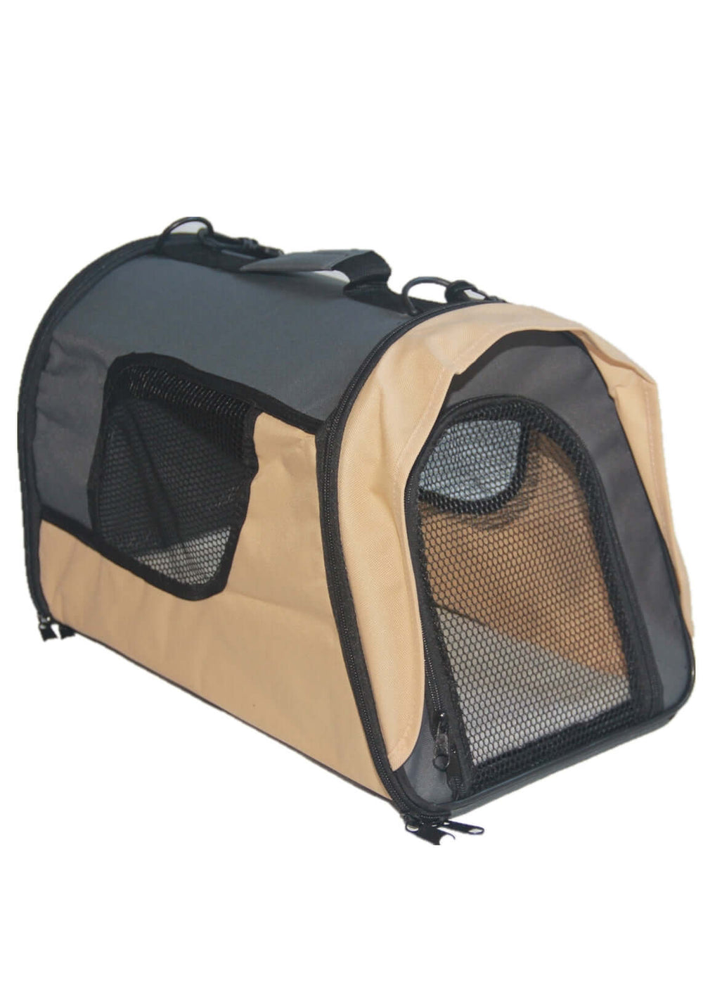 YES4PETS portable pet carrier in grey and beige with mesh windows for cats and small dogs, convenient travel solution.