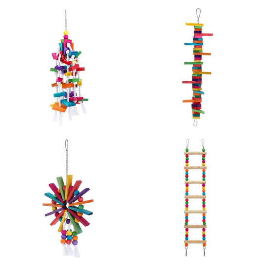 Assorted wood hanging swing bird toys for parrots and budgies in vibrant colors, promoting bird play and exercise.