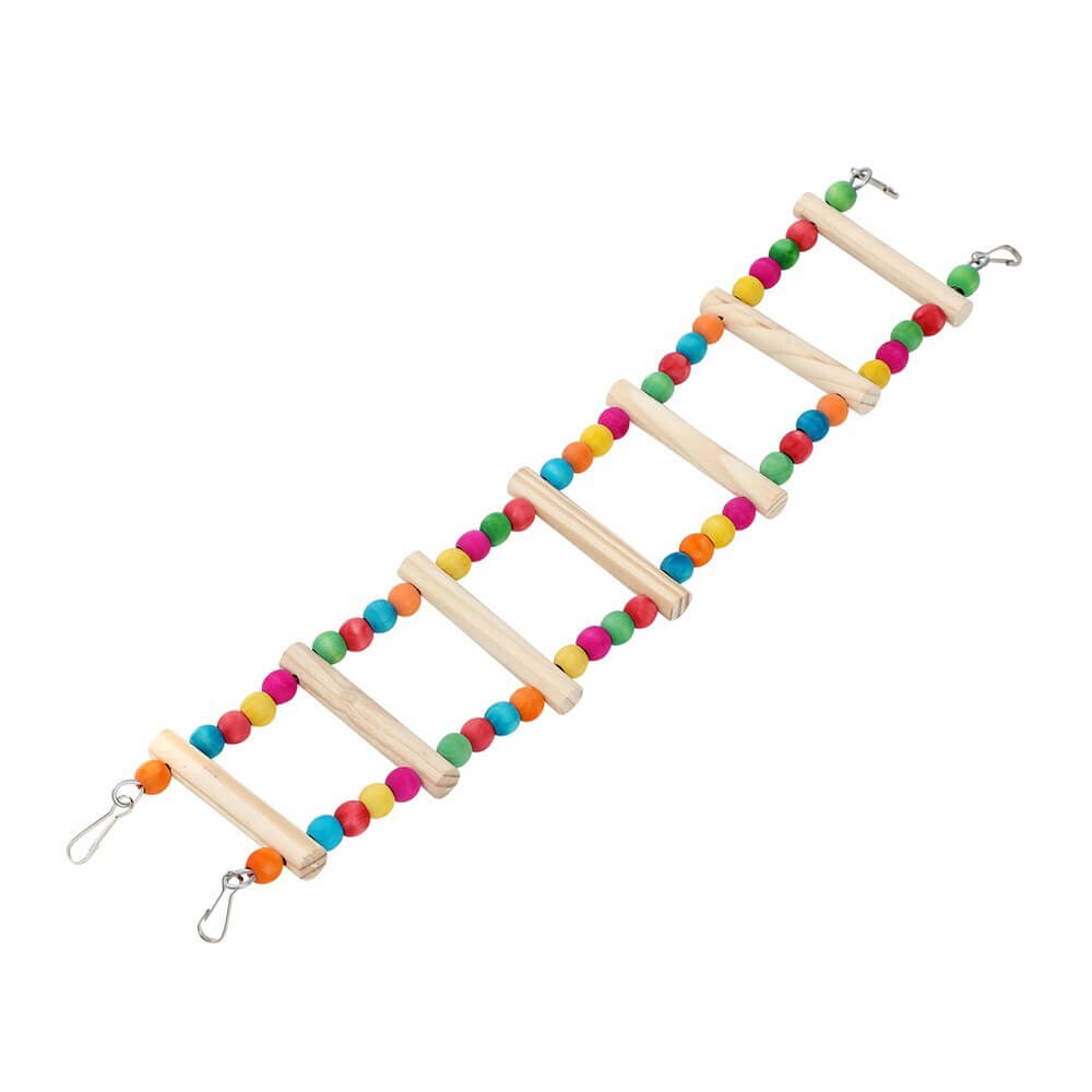 Colorful wooden ladder toy for birds, ideal for parakeets and cockatiels, promotes exercise and play in pet birds.