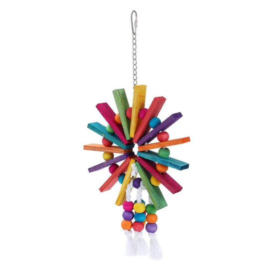 Colorful wooden bird toy for parrots and parakeets, designed for interactive play and exercise. Affordable pet accessory.