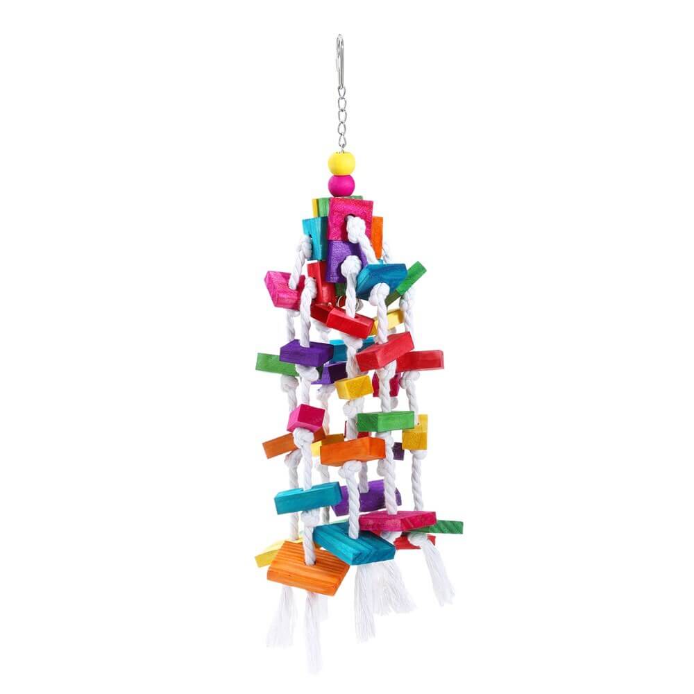 Colorful assorted wood hanging swing toy for birds, ideal for parrots and budgies to promote play and exercise.