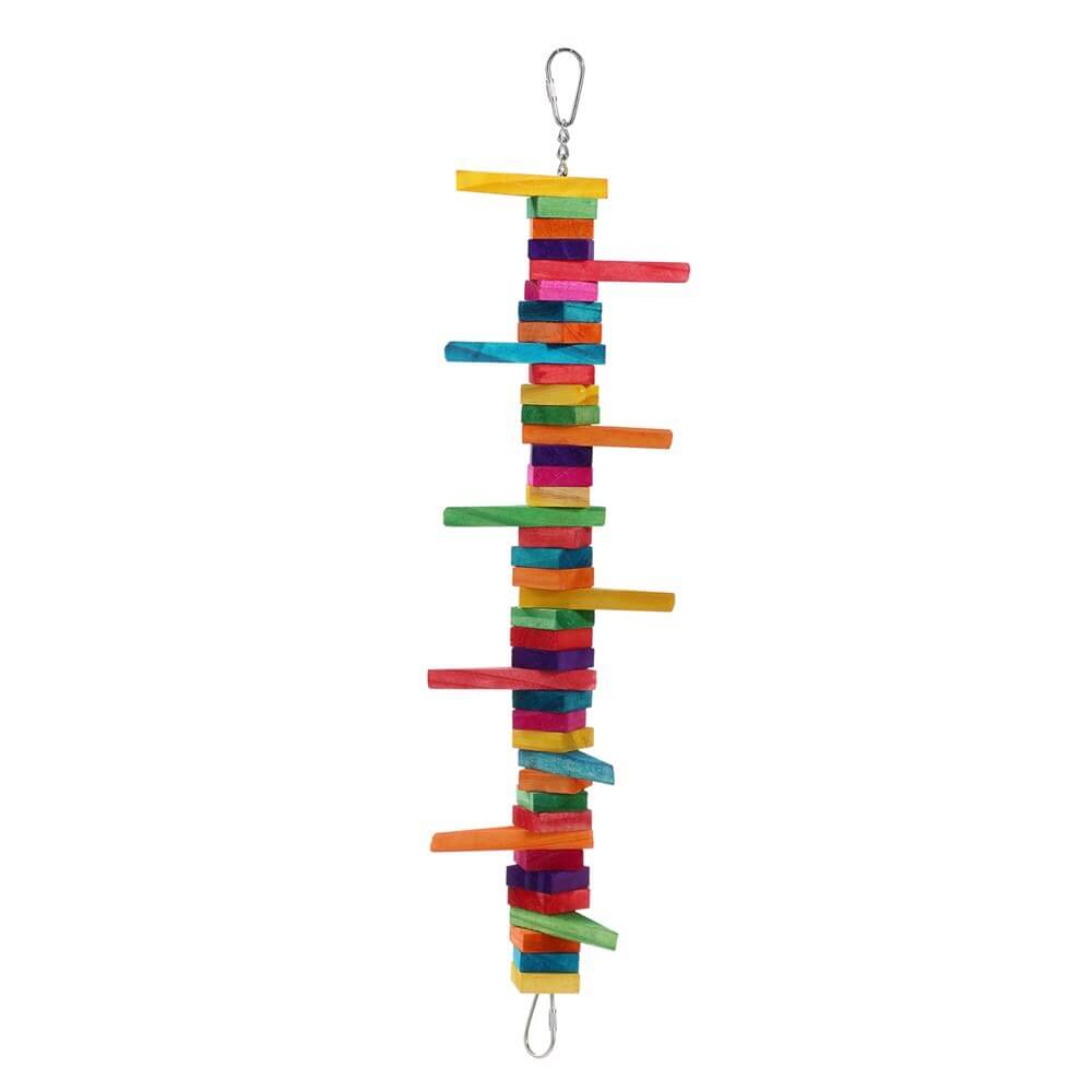 Colorful wood hanging swing toy for parrots and birds, promoting play and exercise in a vibrant design.