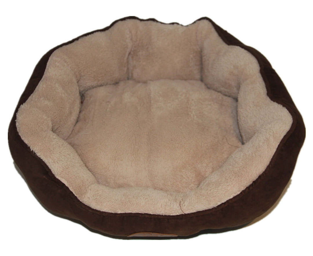 Affordable medium washable brown fleece dog and cat bed with ultra-soft center for ultimate comfort.