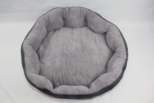 Affordable blue and grey washable fleece pet dog bed, soft and fluffy for cats and dogs, lightweight and anti-skid base.