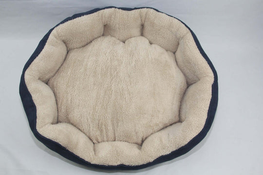 Affordable and quality washable fleece dog bed in blue and grey, featuring a soft center and anti-skid base.