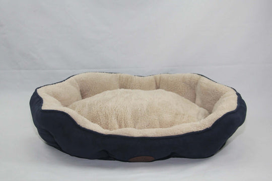 Affordable blue and grey washable fleece pet bed, soft and comfortable for dogs and cats, featuring anti-skid base.