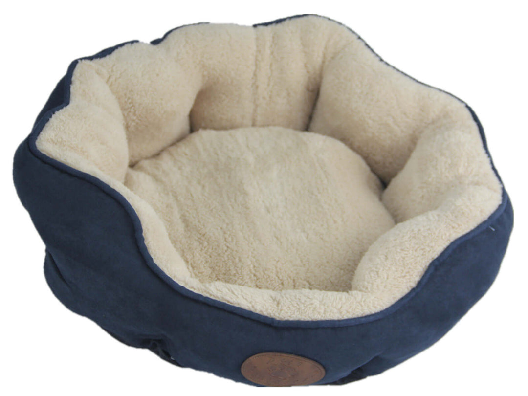 Affordable blue and grey fleece pet bed for cats and dogs, washable, ultra-soft, and lightweight with anti-skid base.