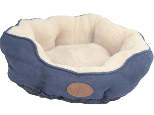 Affordable medium soft pet bed in blue and grey fleece, ideal for dogs and cats, machine washable and comfy.