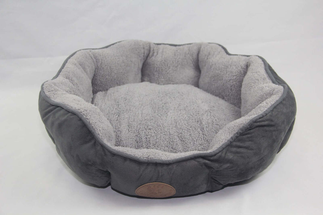 Affordable washable blue/grey fleece pet bed for dogs and cats, ultra-soft and cozy design, lightweight and anti-skid base.