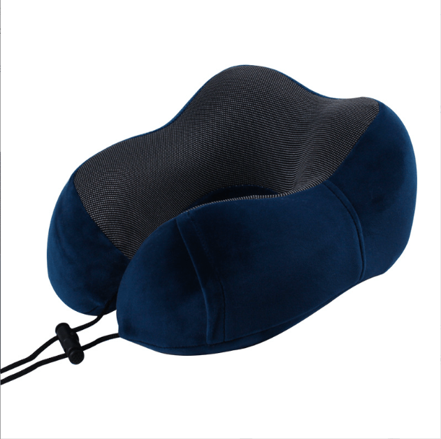 U-shaped travel memory foam pillow in navy blue, providing neck support and comfort for travel and office use.