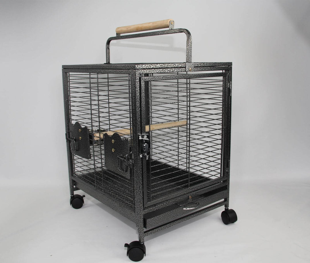 Affordable small bird transport budgie cage with wheels, crafted from quality wrought iron, suitable for parrots.