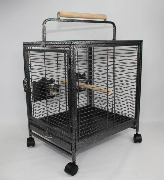 Affordable small bird transport budgie cage with wheels, made from quality wrought iron for easy cleaning and eco-friendly use.