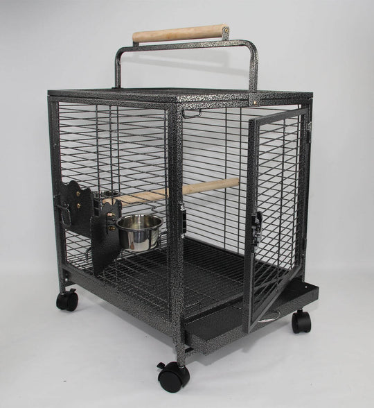 Affordable and quality small bird transport cage with wheels, large access door, and durable metal construction.