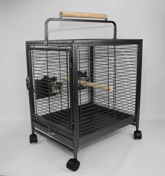 Affordable small bird transport cage with wheels, made from quality wrought iron for budgies and parrots.