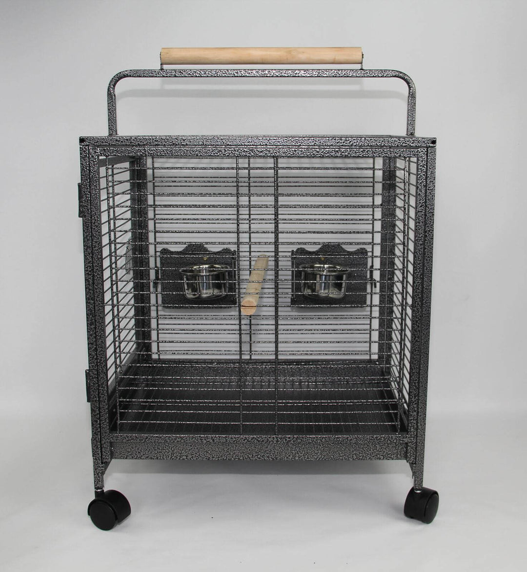 Affordable small bird transport cage with wheels, quality wrought iron, large access doors for easy cleaning and access.