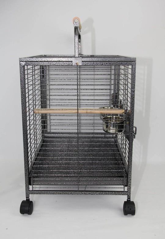 Affordable small bird transport cage with wheels, sturdy wrought iron, two side doors, and easy-access feeding bowls.