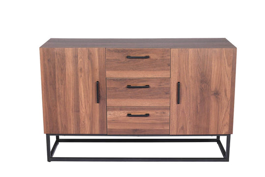 Affordable wooden TV cabinet with 2 doors and 3 drawers on a metal base, ideal for storage and organization.