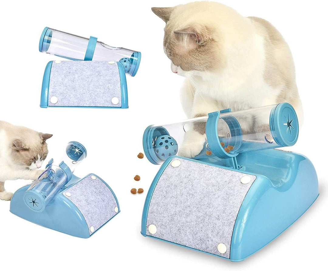 Interactive cat toy dispenser in blue, featuring a transparent tube and felt pad, engaging pets in fun and exercise.