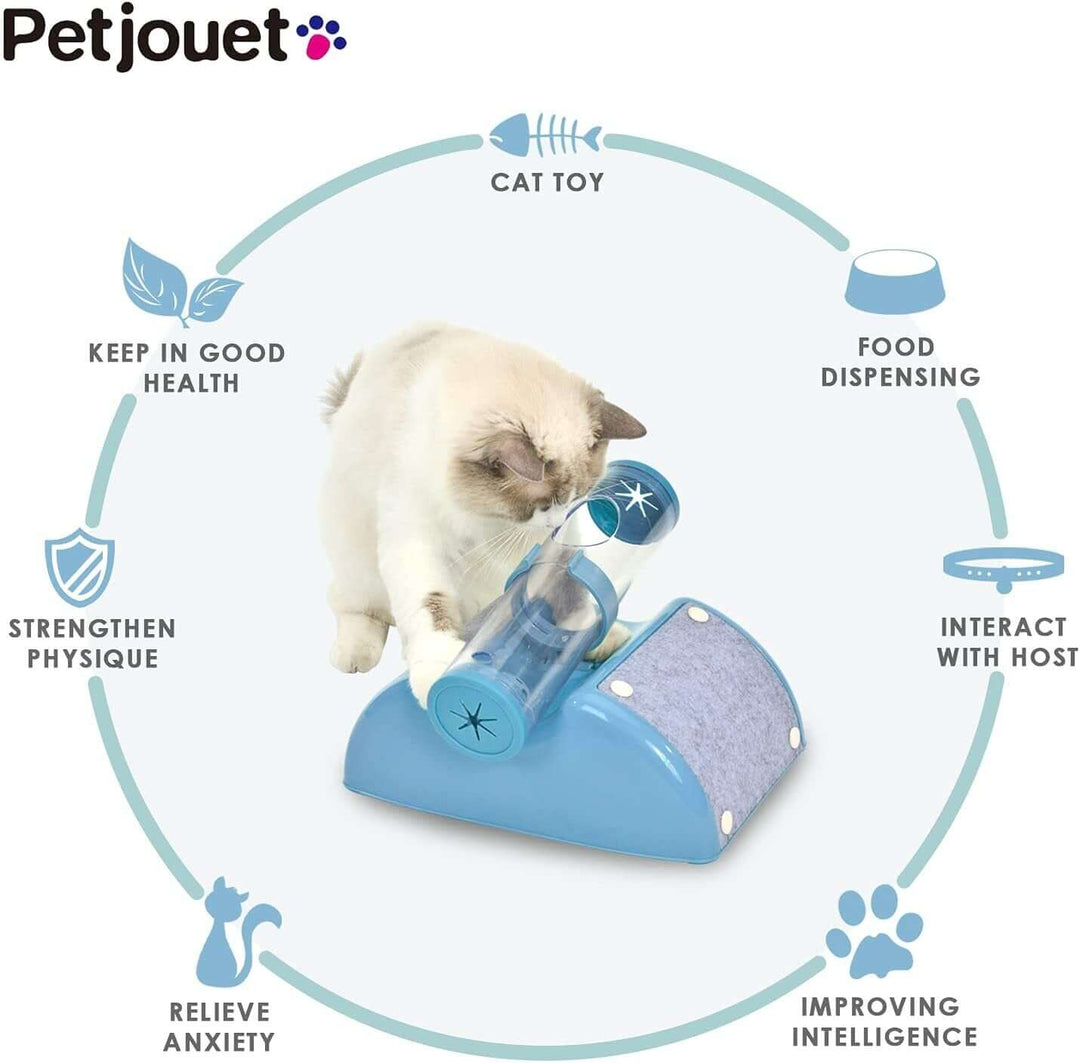 Interactive cat toy promoting health, intelligence, and anxiety relief with food dispensing features.