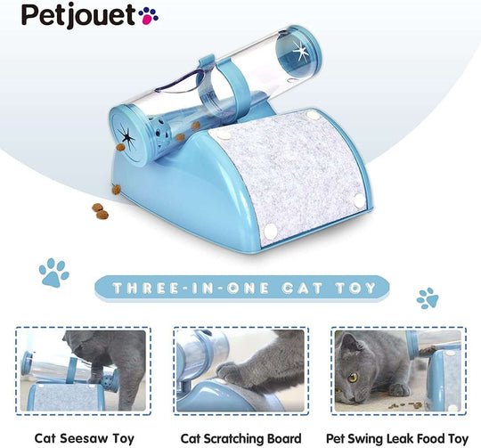 Petjouet three-in-one cat toy features a seesaw, scratching board, and food toy in a vibrant blue design for interactive play.