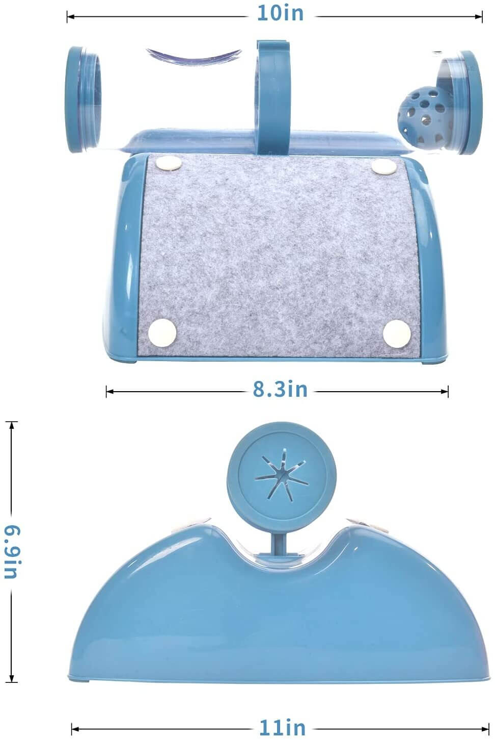 Blue cat play box dimensions showing 10in x 8.3in x 6.9in, designed for interactive play and entertainment for kittens.