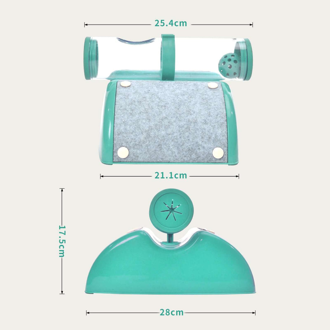 Interactive green cat play box dimensions showing 25.4cm tube and 28cm base for fun and engaging pet entertainment.