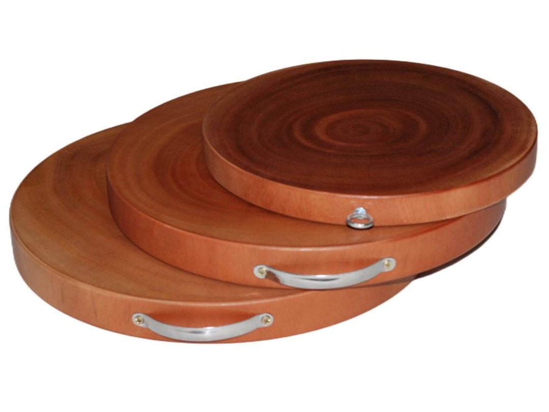 Set of 3 natural hardwood round chopping boards with handles, perfect for hygienic kitchen use and serving.