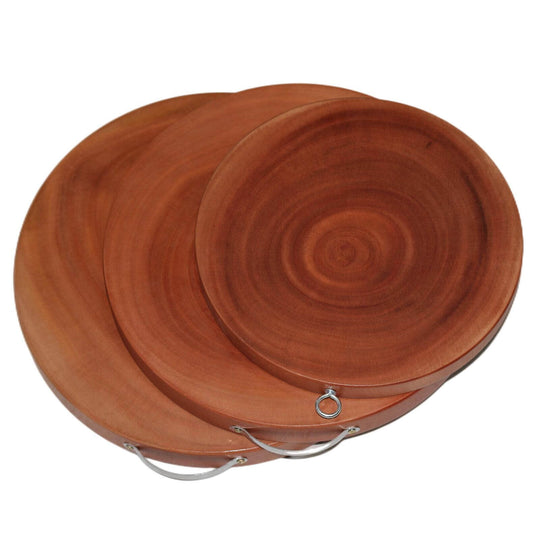 Set of 3 round natural hardwood hygienic kitchen cutting boards, perfect for chopping and serving. Affordable quality for any DIY chef.