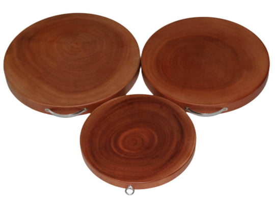 Set of 3 round natural hardwood hygienic kitchen cutting boards in various sizes, ideal for chopping and serving.