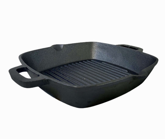 Affordable YES4HOMES 26 cm cast iron grill pan, pre-seasoned, oven-safe for quality BBQ and stir-frying.