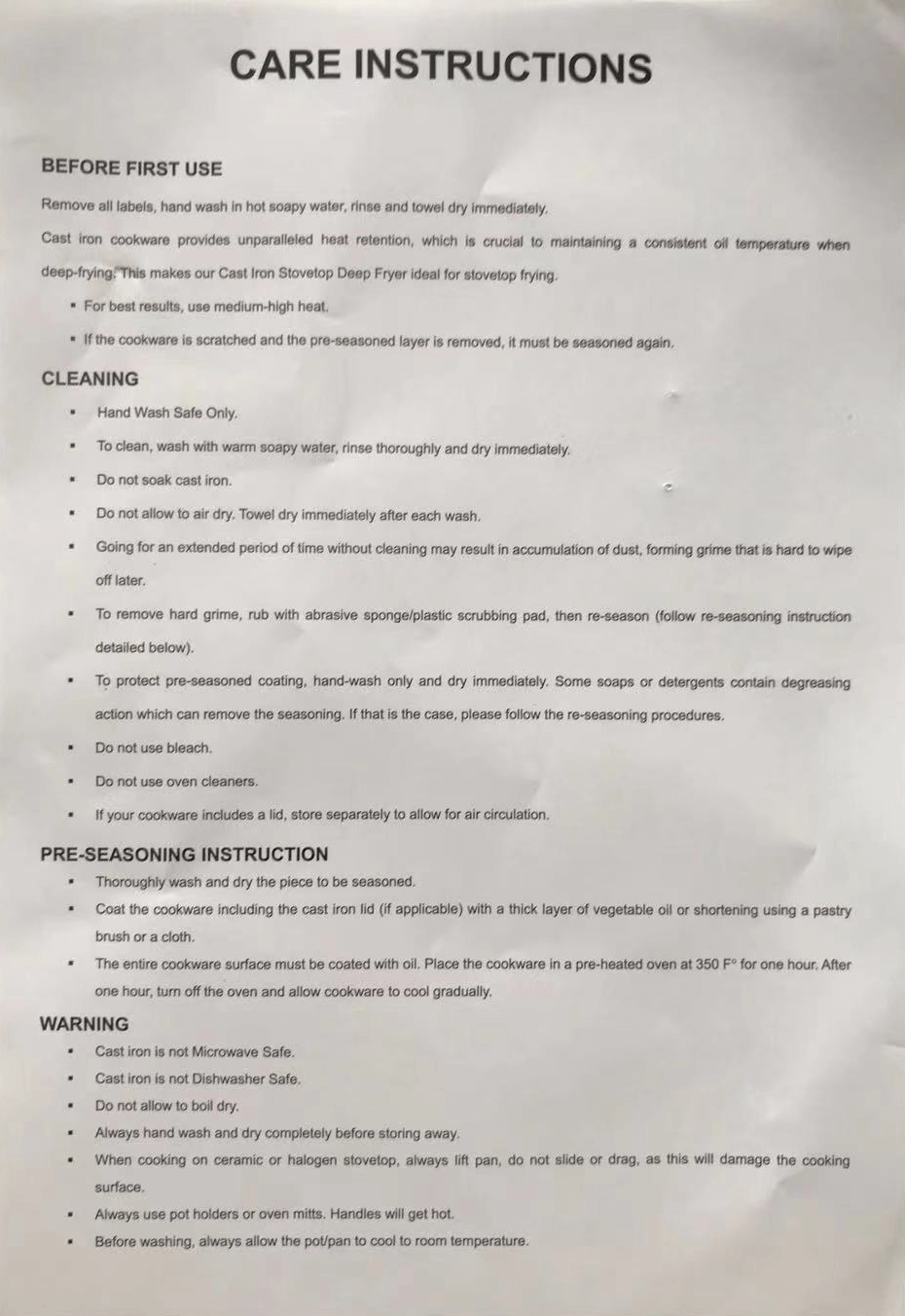 Care instructions for cast iron cookware detailing pre-use, cleaning, seasoning, and safety warnings.