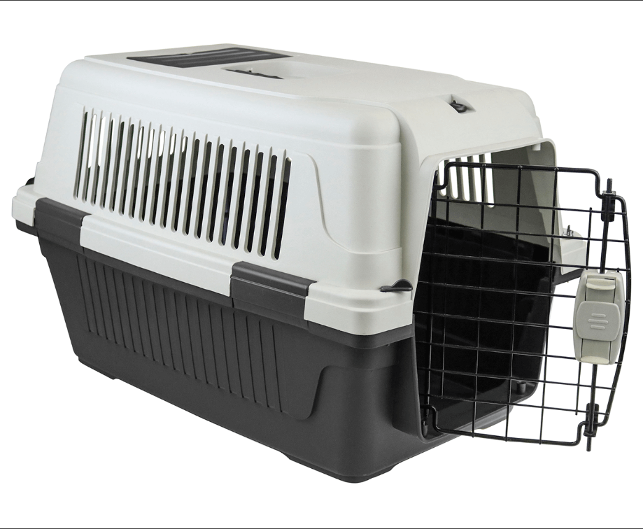 Large portable dog cat house carrier with safety lock and food box, well-ventilated for travel comfort.