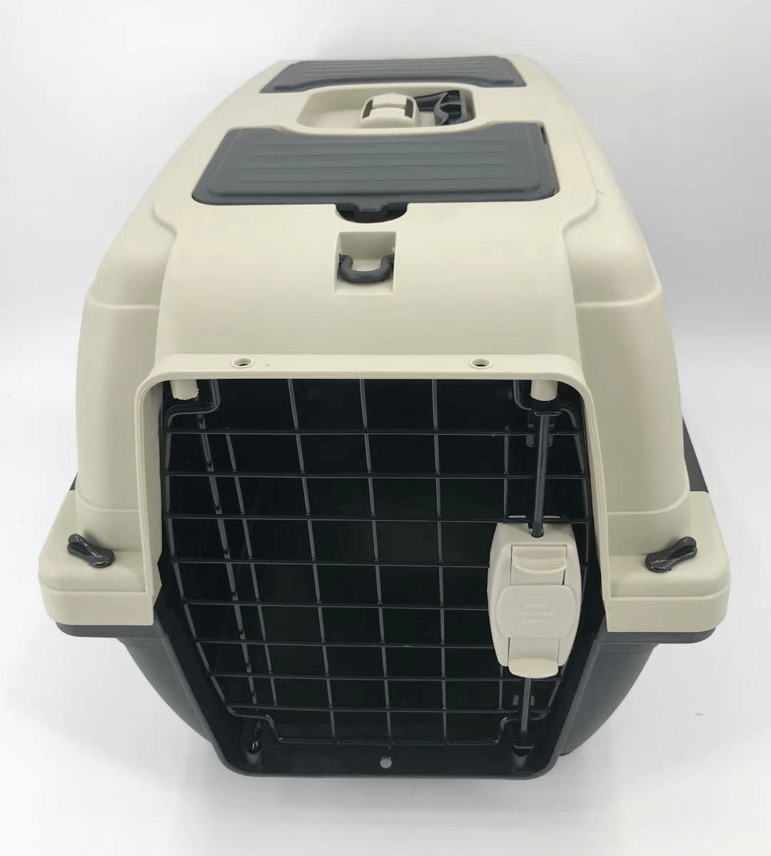 Medium portable pet carrier suitable for dogs and cats, featuring a safety lock and durable design.