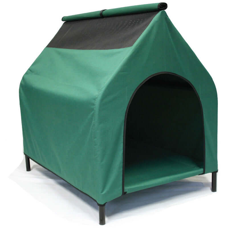 Green waterproof portable dog kennel house, easy to clean, UV resistant, sturdy design for indoor and outdoor use.