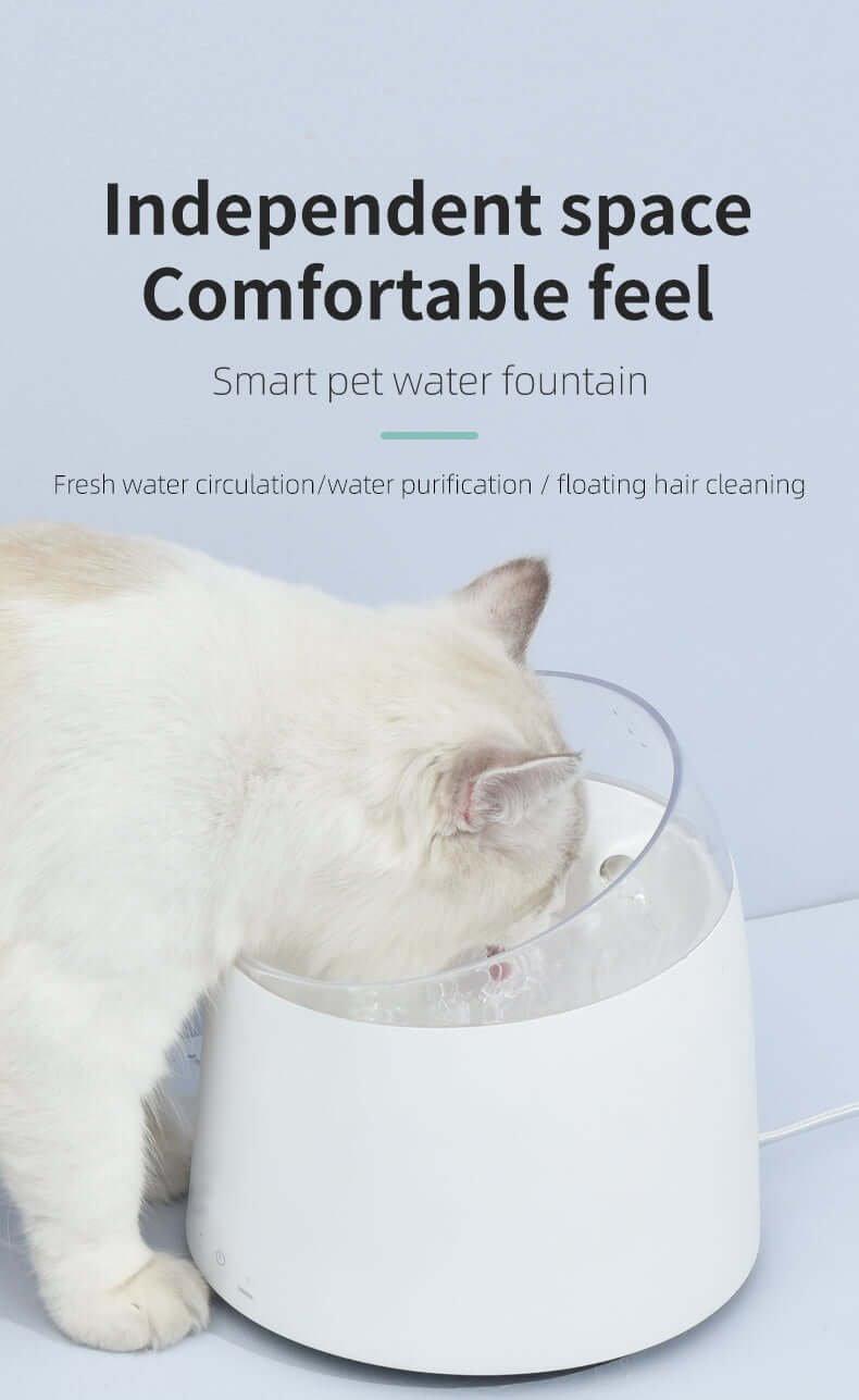 Cat drinking from a smart electric pet water fountain with features for fresh water and hair cleaning.