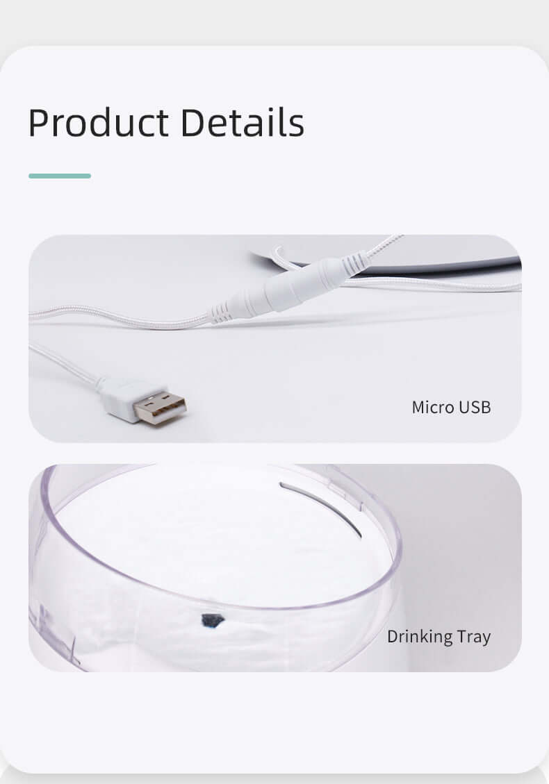 Micro USB connection and drinking tray of the YES4PETS Electric Pet Water Fountain.