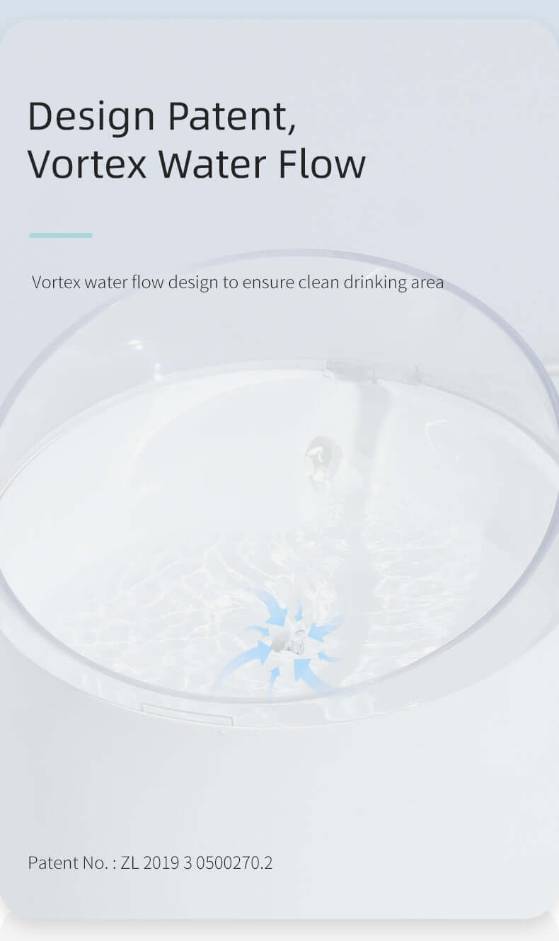 Vortex water flow design for clean drinking area in electric pet water fountain by YES4PETS.