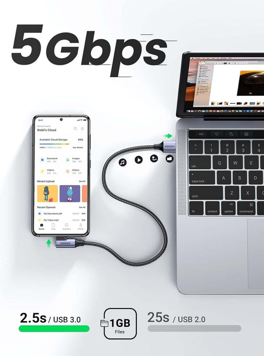 كابل شحن سريع USB-C بزاوية قائمة 20299 من UGREEN بسرعة 5 جيجابت في الثانية بطول 1 متر 