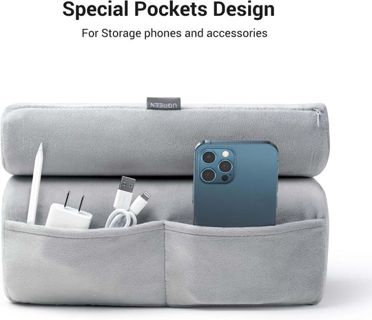 UGREEN 60646 Desk Pillow with pockets for storing phones and accessories, lightweight and portable for travel.