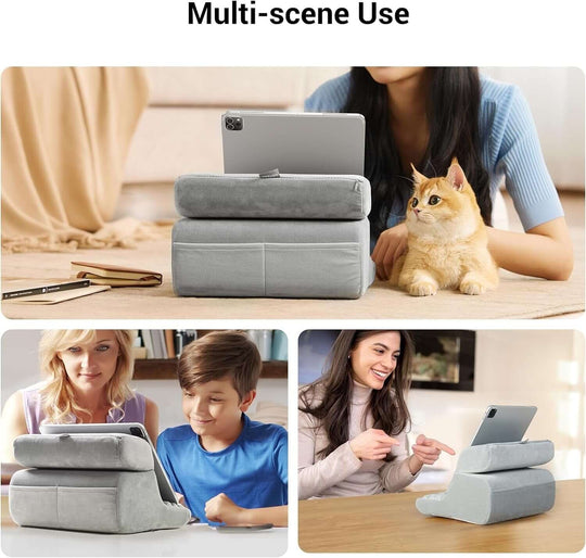 UGREEN 60646 desk pillow tablet stand in use with various people and a cat, showcasing its portable and multi-scene application.