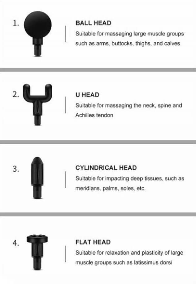 Different massage head attachments for BDI BX720 LED Mini Massage Gun, ideal for targeting various muscle groups.