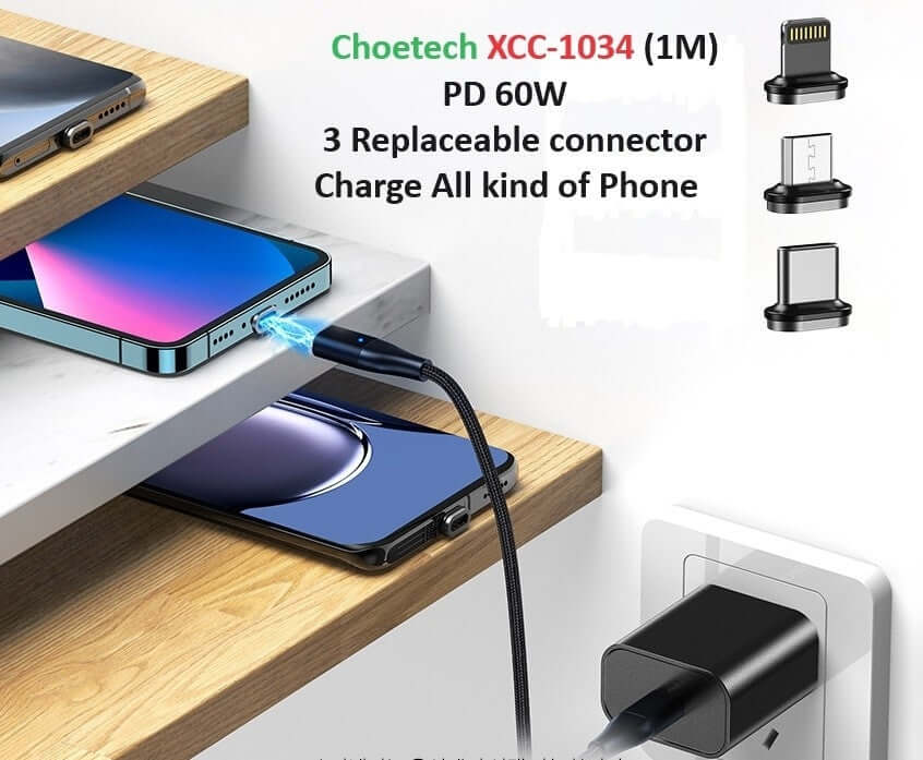 كابل CHOETECH XCC-1034 60 وات من C إلى C بطول 1 متر مع 3 موصلات قابلة للاستبدال