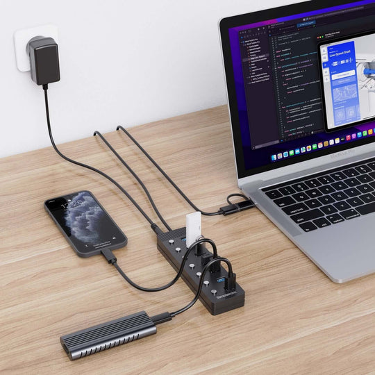 Simplecom CH375C USB-A وUSB-C إلى 7 منافذ USB 3.0 موزع 5 جيجابت في الثانية مفاتيح فردية ومحول طاقة