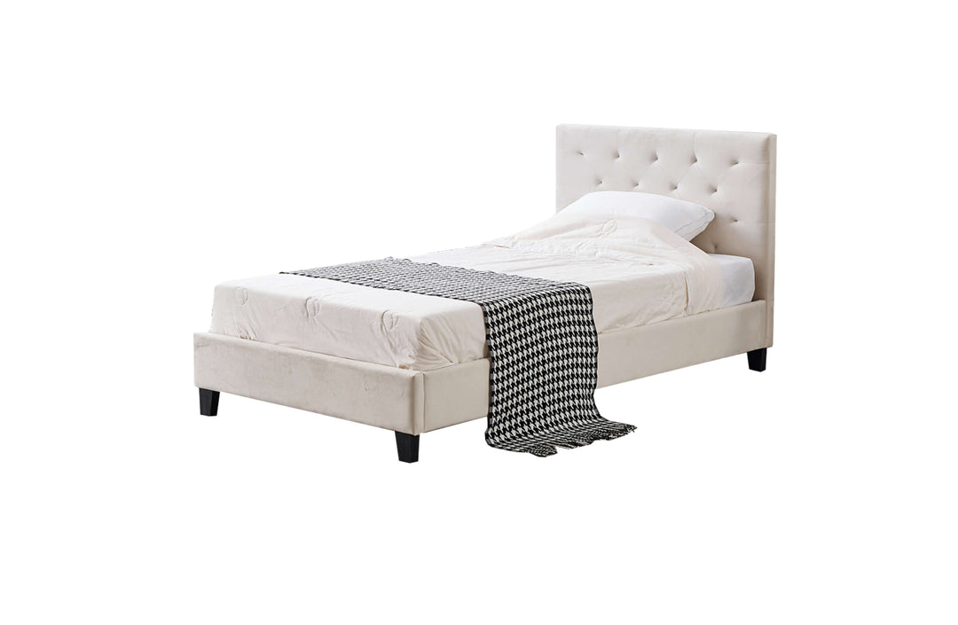 Beige velvet tufted bed in king single size with elegant design.