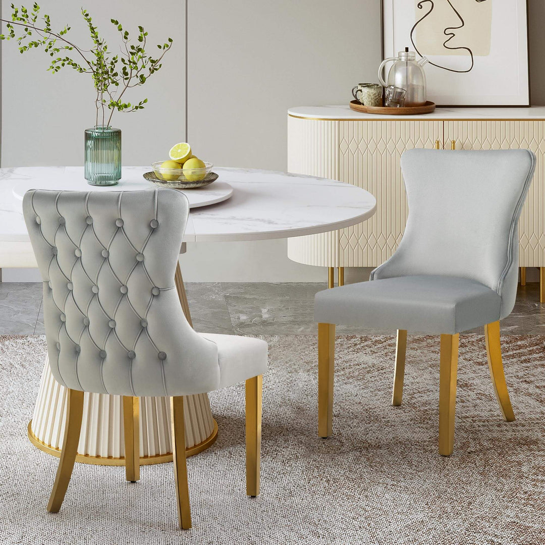 DSZ Product, feed-cond-new, feed-sl-DSZ Freight PayableSet of 2 - Paris Light Grey Velvet  & Gold Polished Steel Upholstered Dining Chairs Tufted Back - Premium Furniture > Dining > Kitchen & Dining Chairs from Style By Inspiration ! Shop Online Buy Now at S & D's Value Store Family Business Best Customer ServiceDSZ Product, feed-cond-new, feed-sl-DSZ Freight Payable