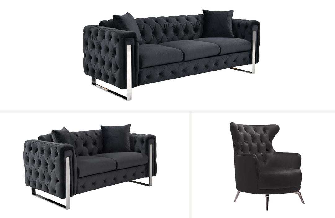 Madeline Range Black Velvet Lounge Set with Silver Trims, featuring elegant sofa and stylish armchair, perfect for affordable luxury.