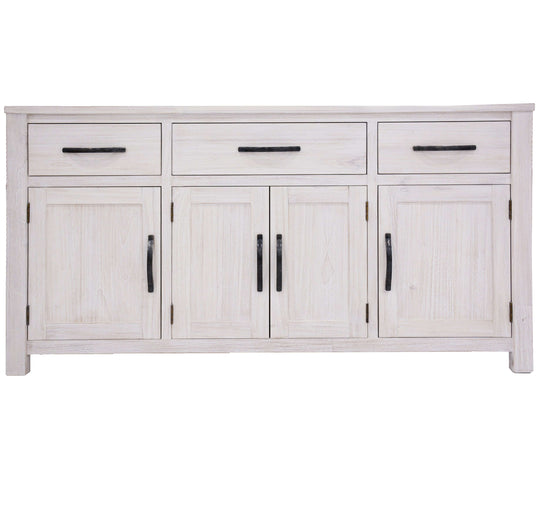 Foxglove Buffet Table 158cm with 4 doors and 3 drawers, solid Mt Ash timber in white finish, elegant coastal style.