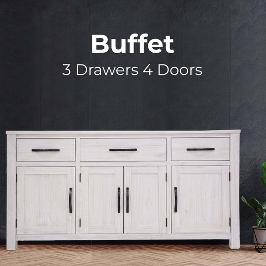 Foxglove buffet table with 3 drawers and 4 doors in white solid timber, ideal for stylish coastal storage solutions.