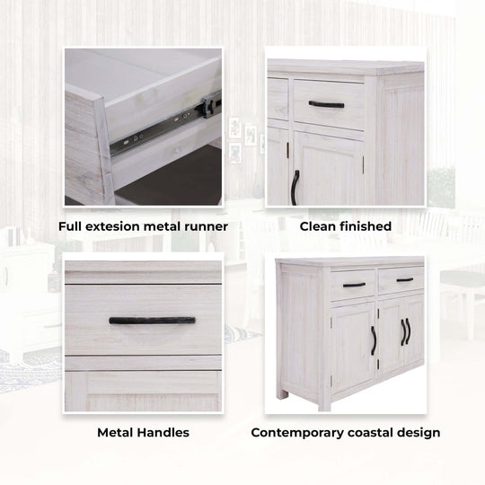 Foxglove Buffet Table features full extension metal runners, clean finish, metal handles, and contemporary coastal design.