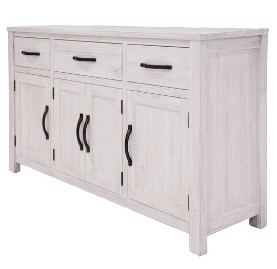 Coastal style Foxglove buffet table with 4 doors and 3 drawers in solid Mt Ash timber, featuring a white finish and black handles.